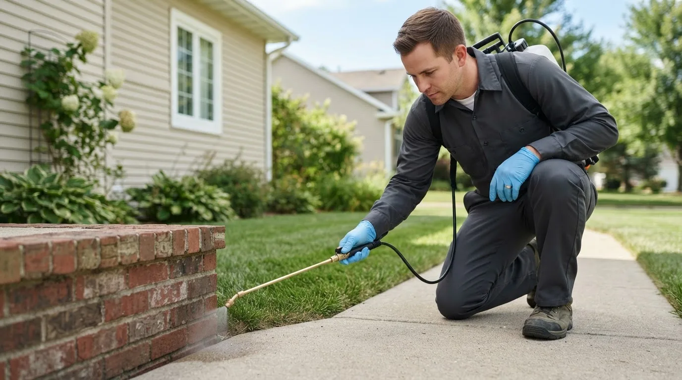 Pest control technician treating a home near Robbinsville, NC